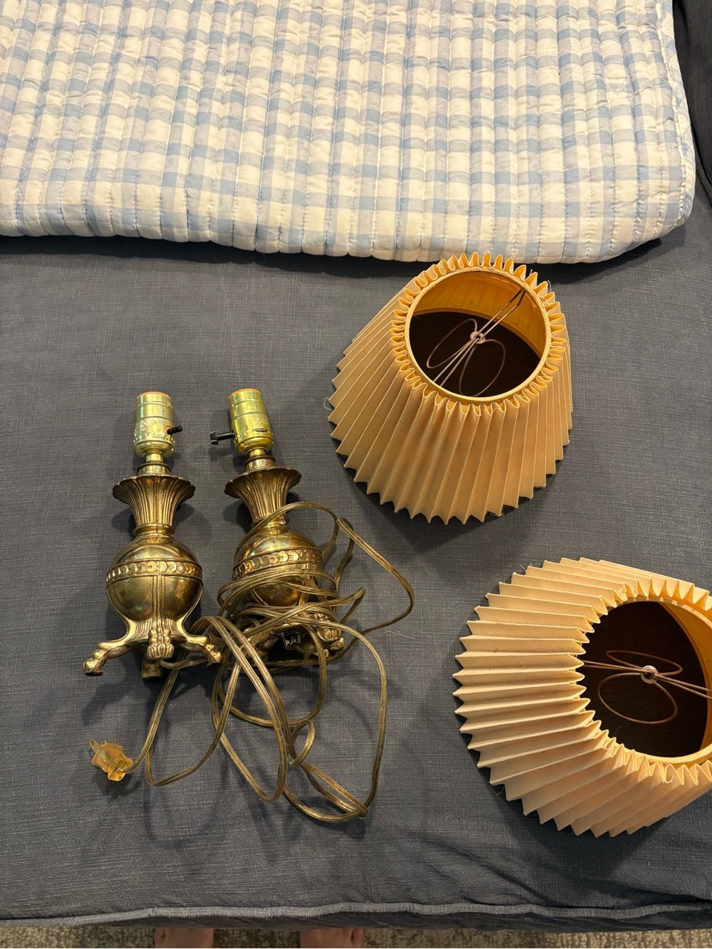 Vintage Brass Table Lamps with Pleated Cream Shades (Pair) - Picture 2 of 7